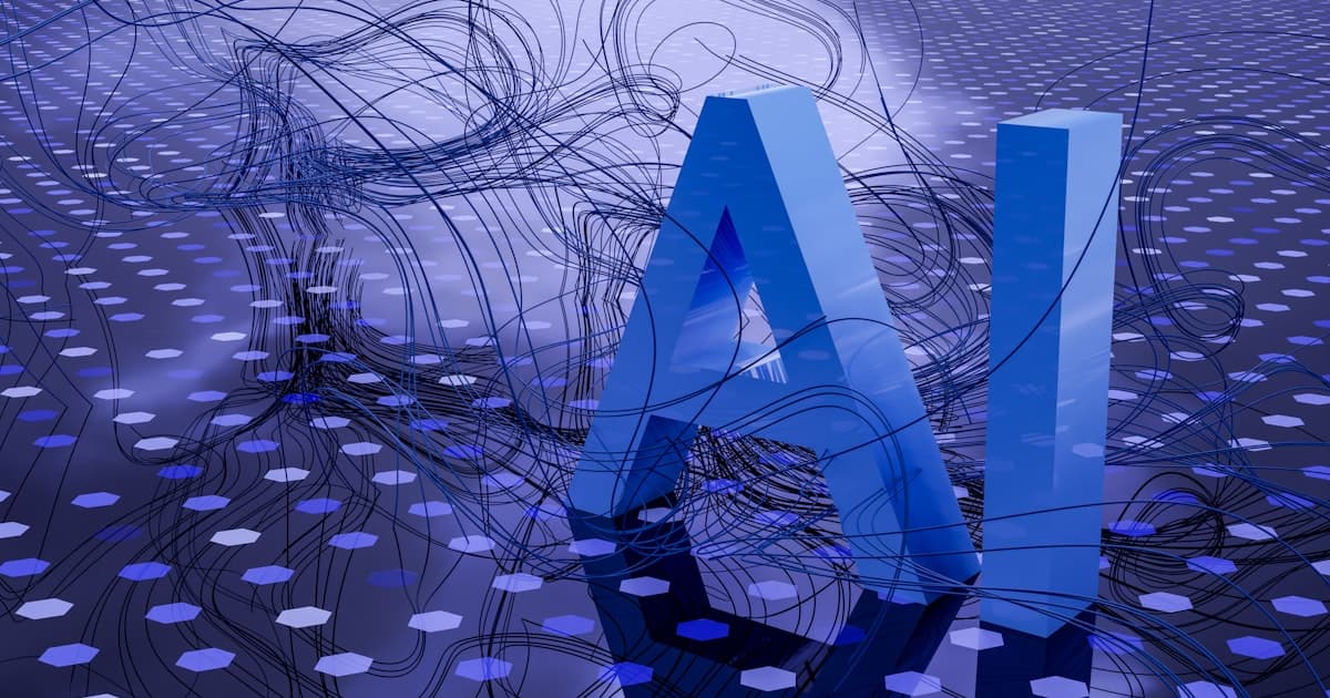 Three-dimensional AI lettering surrounded by network cabling and data nodes